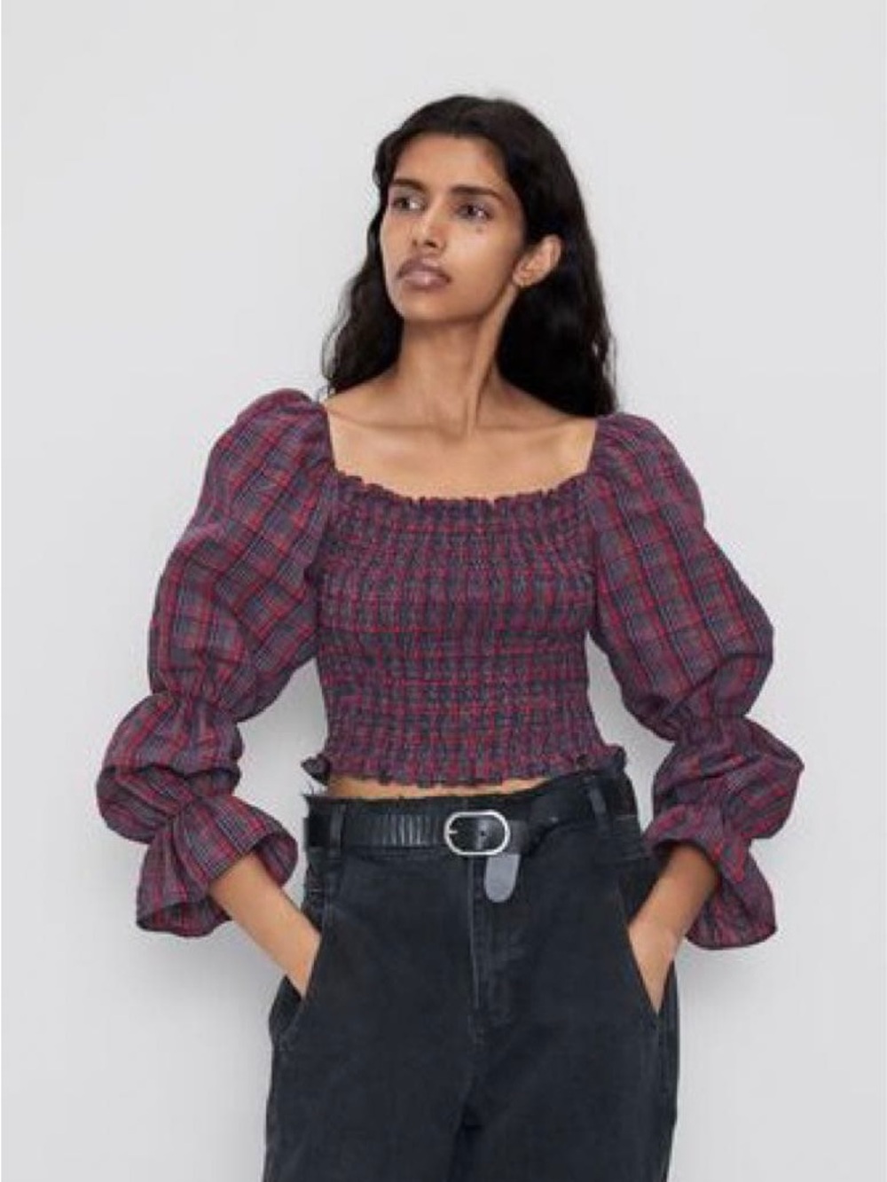 Zara Plaid Puff Sleeve Smocked Cropped Top in Red Navy Blue Sz S Boho Tartan 90s